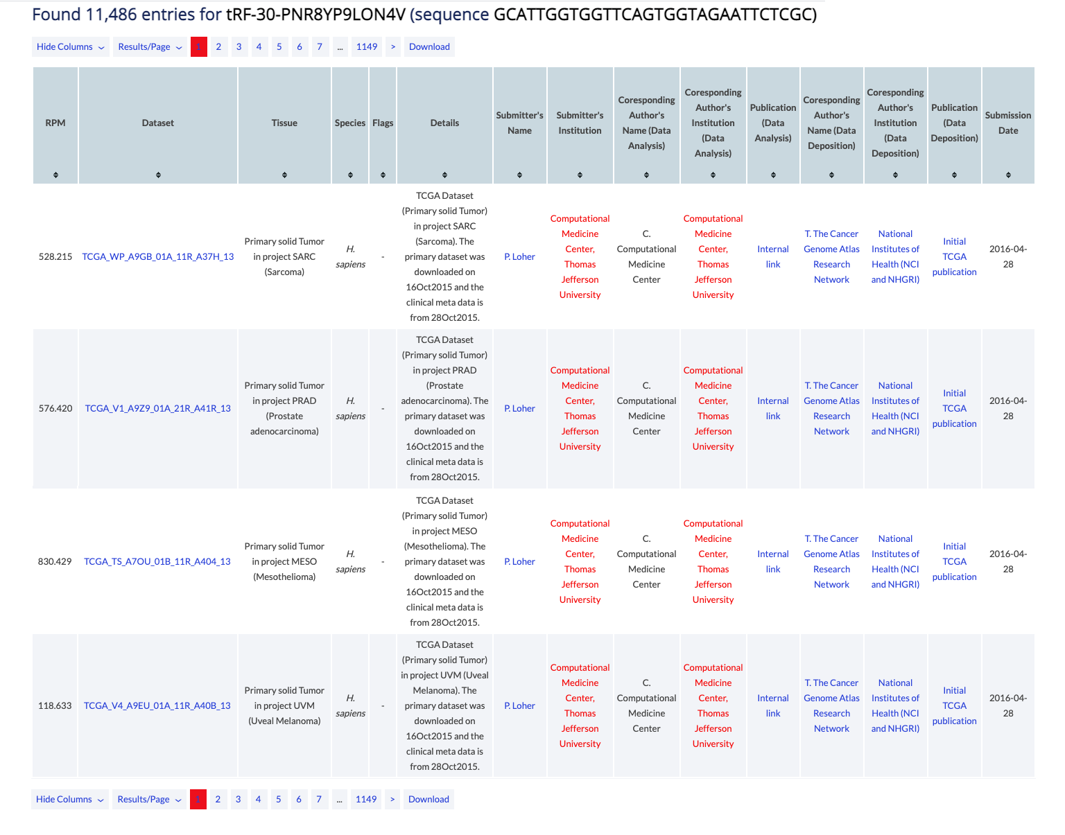 The Expression vista of MINTbase, presents the samples in which a tRF exists in a tabular format.